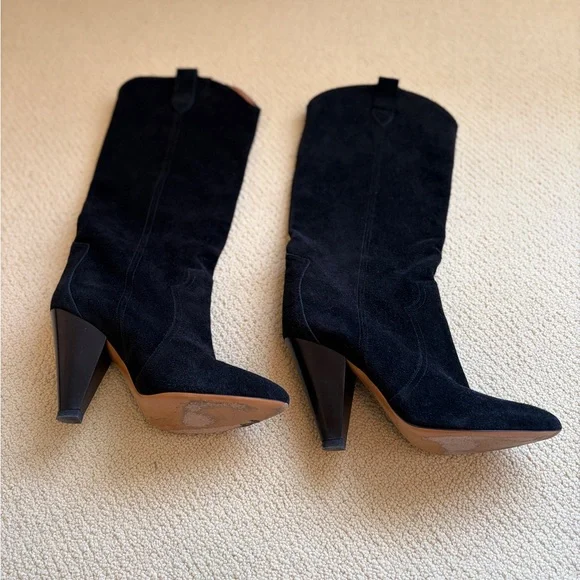 Isabel Marant Black Suede Pointed Toe Mid-Calf Heeled Boots - Picture 2 of 4